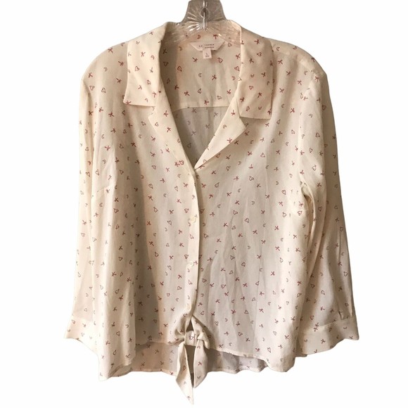 LC LAUREN CONRAD White & Pink Hi low Tie Front Blouse Top HEARTS Size Large - Picture 7 of 7
